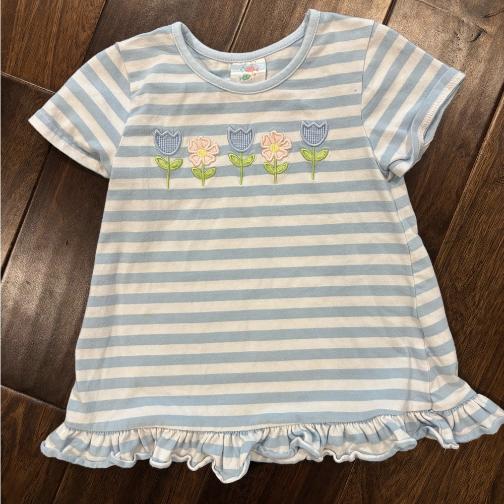 Striped Blue and White Kids Shirt with Floral Embroidery